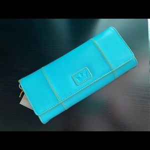 NWT Baekgaard Leather Clutch Wristlet Wallet in Caribbean Blue/ Lemon